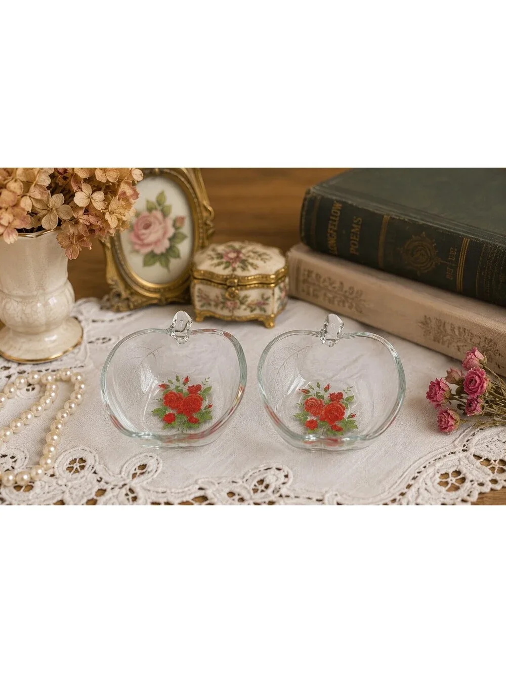 Vintage Jeannette Glass Apple Trinket Bowls Set 2 Rose Floral Candy Dishes